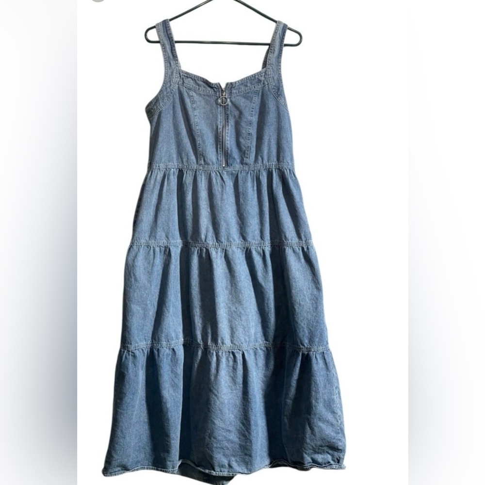 Given Kale Dress Womens M/L Blue Maxi Tier Sleeveless Denim Western Boho Peasant